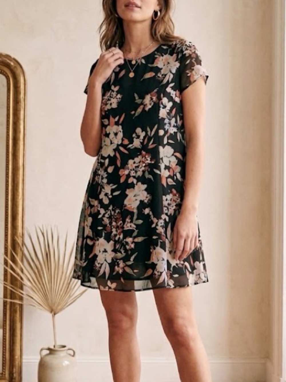 Final Touch Black & Multi Colored Floral Baby Doll Dress In Rayon Size Small